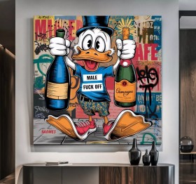 Donald-Duck-Champagner – Pop-Art-Wandbild im Graffiti-Stil