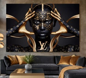 LV Gesicht Schwarz-Gold Luxuriöses Wandbild Mode