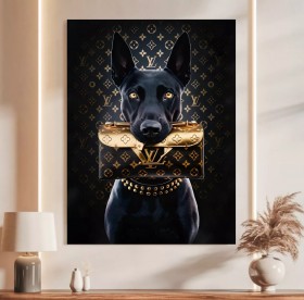 Hund Dobermann mit goldener Louis-Vuitton Tasche