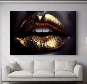 Goldene Lippen Wandbild Schwarz Moderne Kunst